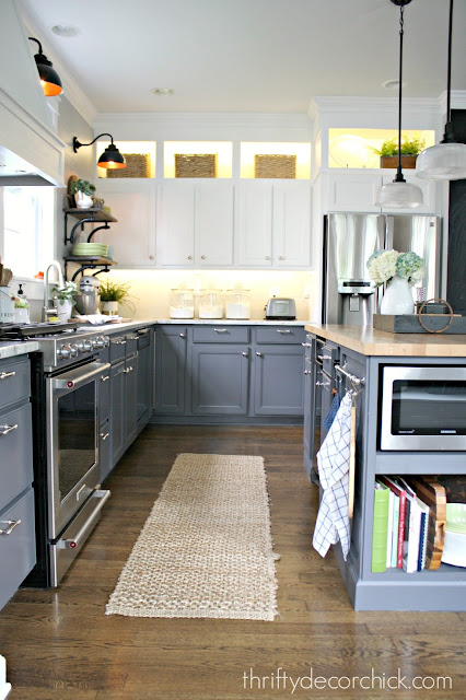 Gray lower cabinets white uppers in kitchen