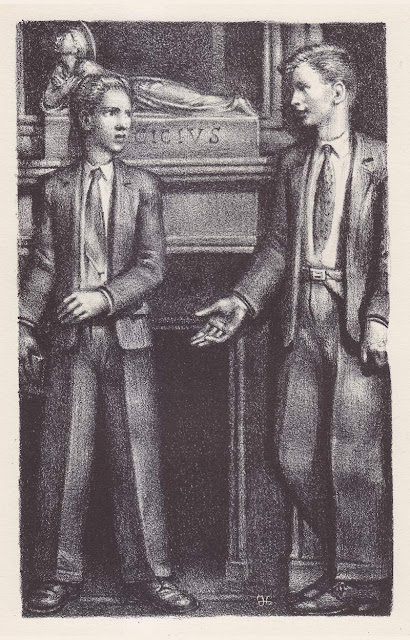 Volume I : Georges and André in front of statue of Tarsicius Gaston Goor (French, 1902-1977) Les Amitiés Particulières by Roger Peyrefitte Paris : Flammarion, 1953