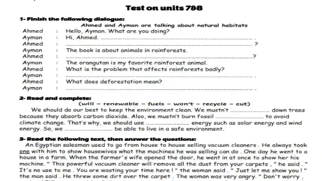 اهم امتحان لغة انجليزية على الوحدتين 7-8 للصف الثالث الاعدادى الترم الثانى 2024