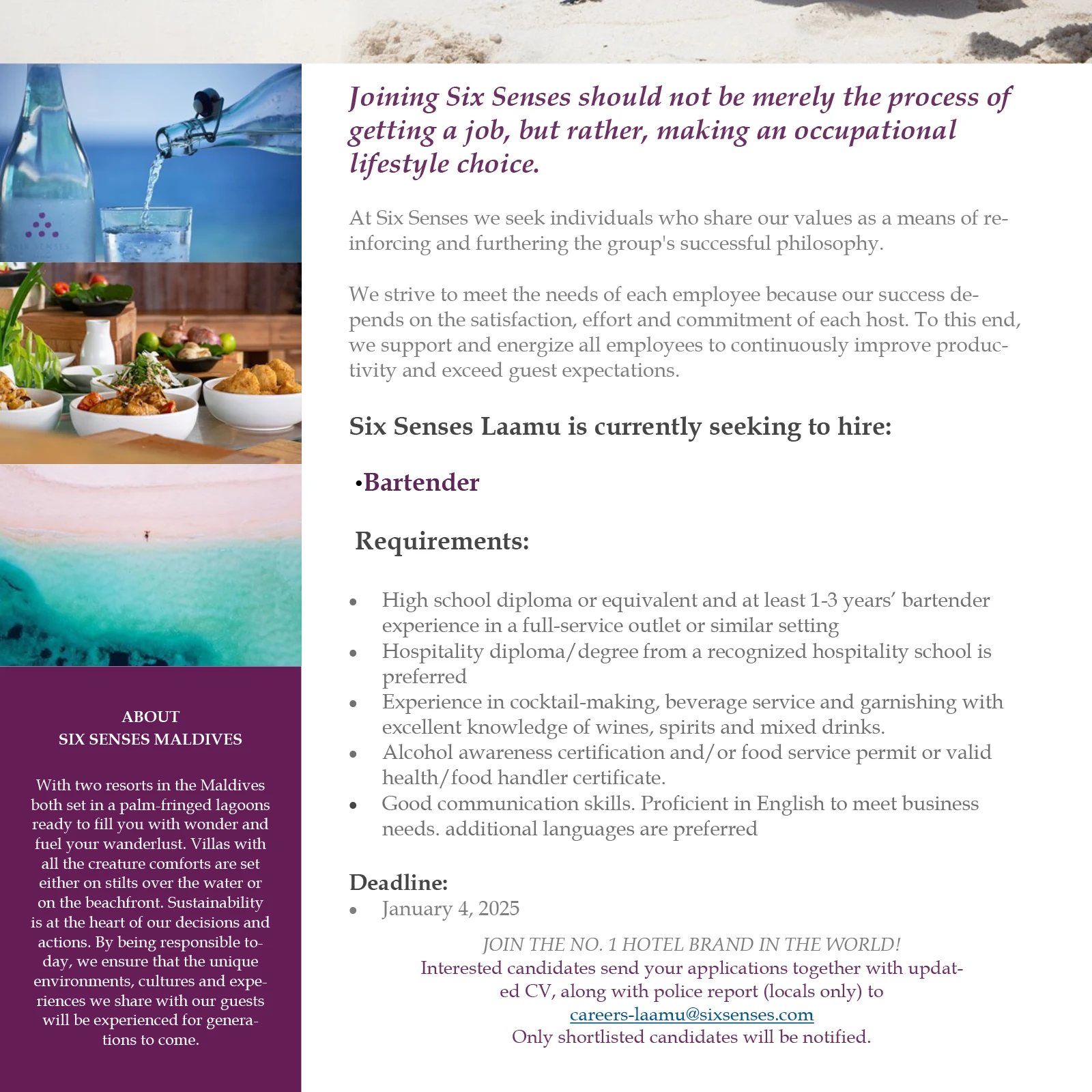 image of Bartender Job Vacancy at Six Senses Laamu job advert