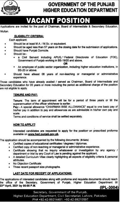 New Jobs in Punjab Higher Education Department April 2021