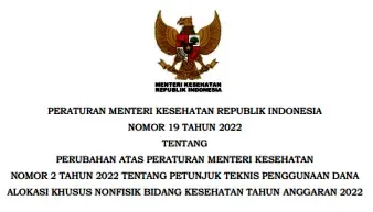 Permenkes Nomor 19 Tahun 2022 Tentang Perubahan Juknis Penggunaan DAK Nonfisik Bidang Kesehatan Tahun 2022