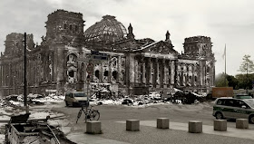 Reichstag during winter of 1945. Merged with present day.