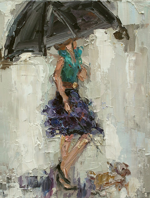 KATHRYN MORRIS TROTTER, UMBRELLA GIRL, DANCING IN THE RAIN, FASHION PAINTING, www.kathryntrotterart.com, fashion ladies with umbrellas, 