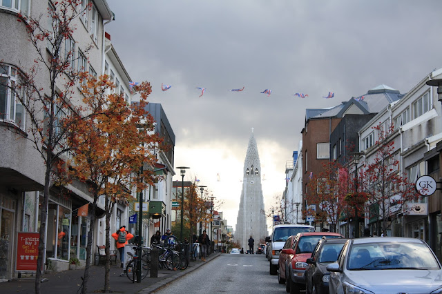 Hallgrimskirkja in Reykjavik warmed by autumn hues.