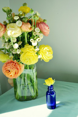 ranunculus, spring, flowers, bouquet, petals, peach, yellow