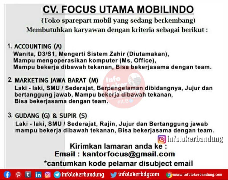 Lowongan Kerja CV. Focus Utama Mobilindo Bandung Mei 2021