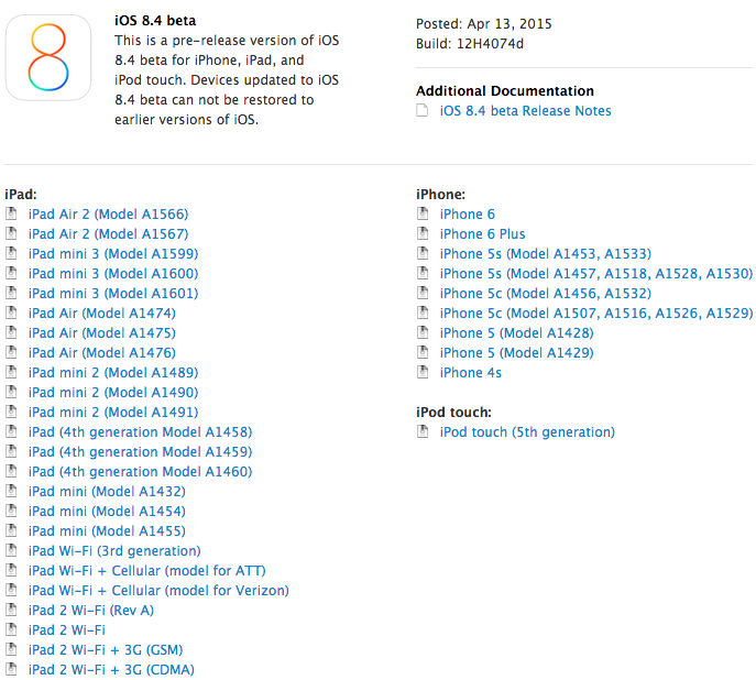 Apple iOS 8.4 Beta (12H4074d) Firmware