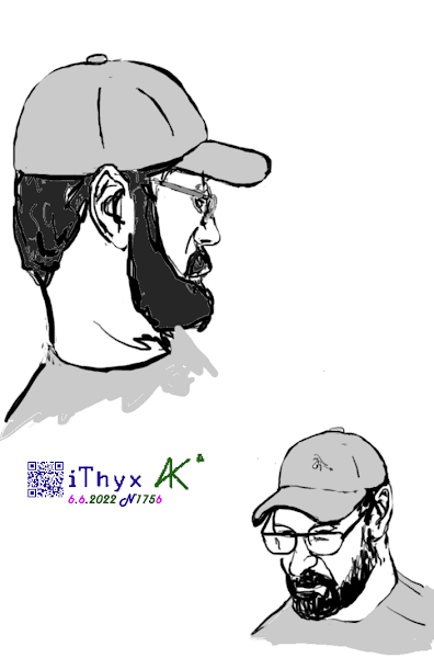 Бородатый мужчина в очках, серой кепке «Puma» и серой футболке «Tommy Hilfiger», рисунок на телефоне сделал художник #iThyx