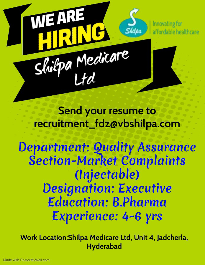 Job Availables,Shilpa Medicare Ltd  Job Vacancy For B.Pharm