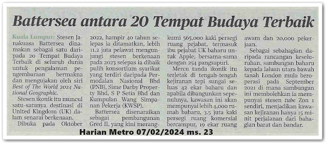 Battersea antara 20 Tempat Budaya Terbaik | Keratan akhbar Harian Metro 7 Februari 2024