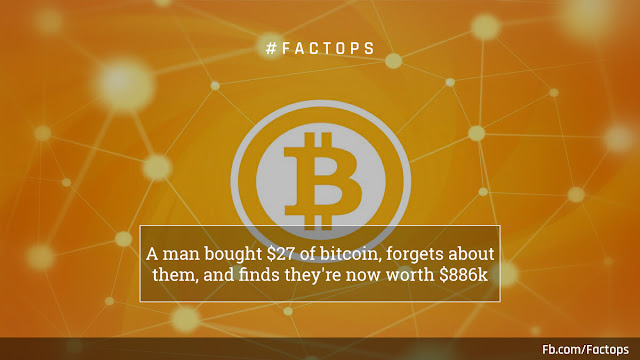 #Factops : "A man bought $27 of bitcoin, forgets about them, and finds they're now worth $886k"