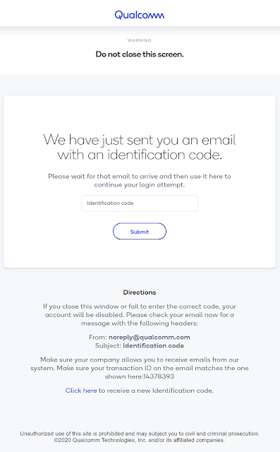 An absolutely terrifying screen with all sorts of warnings in varying fonts and sizes, asking me to retrieve a code from my email or bad things will happen.
