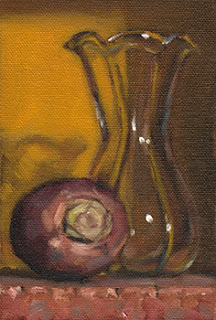 Still life oil painting of a turnip beside a tulip-shaped glass vase.