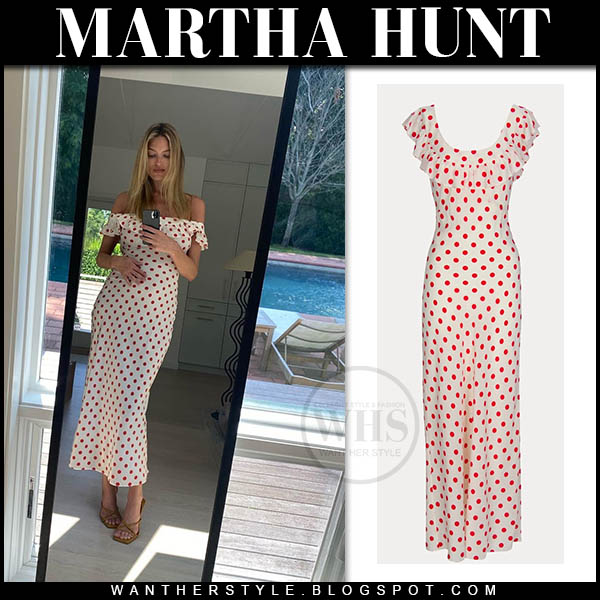 Martha Hunt in white polka dot off shoulder dress