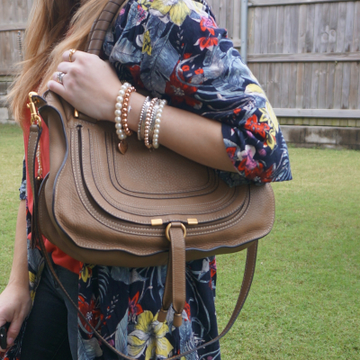 tropical floral print duster pearl bracelet stack, Chloe Marcie shoulder bag | awayfromblue