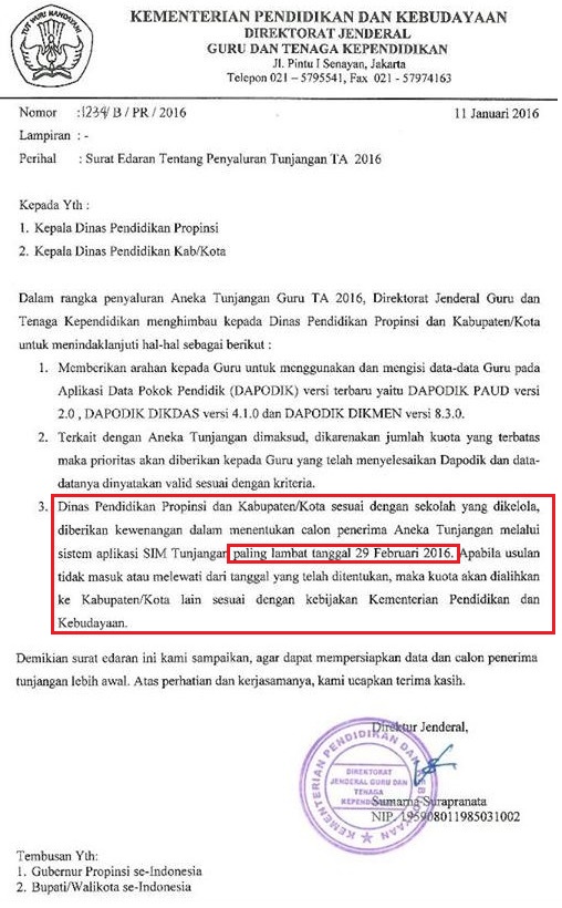 Ketentuan Penyaluran Tunjangan Guru Berdasarkan Surat Edaran Dirjen GTK Kemdikbud Nomor 1234/B/PR/2016 tertanggal 11 Januari 2018