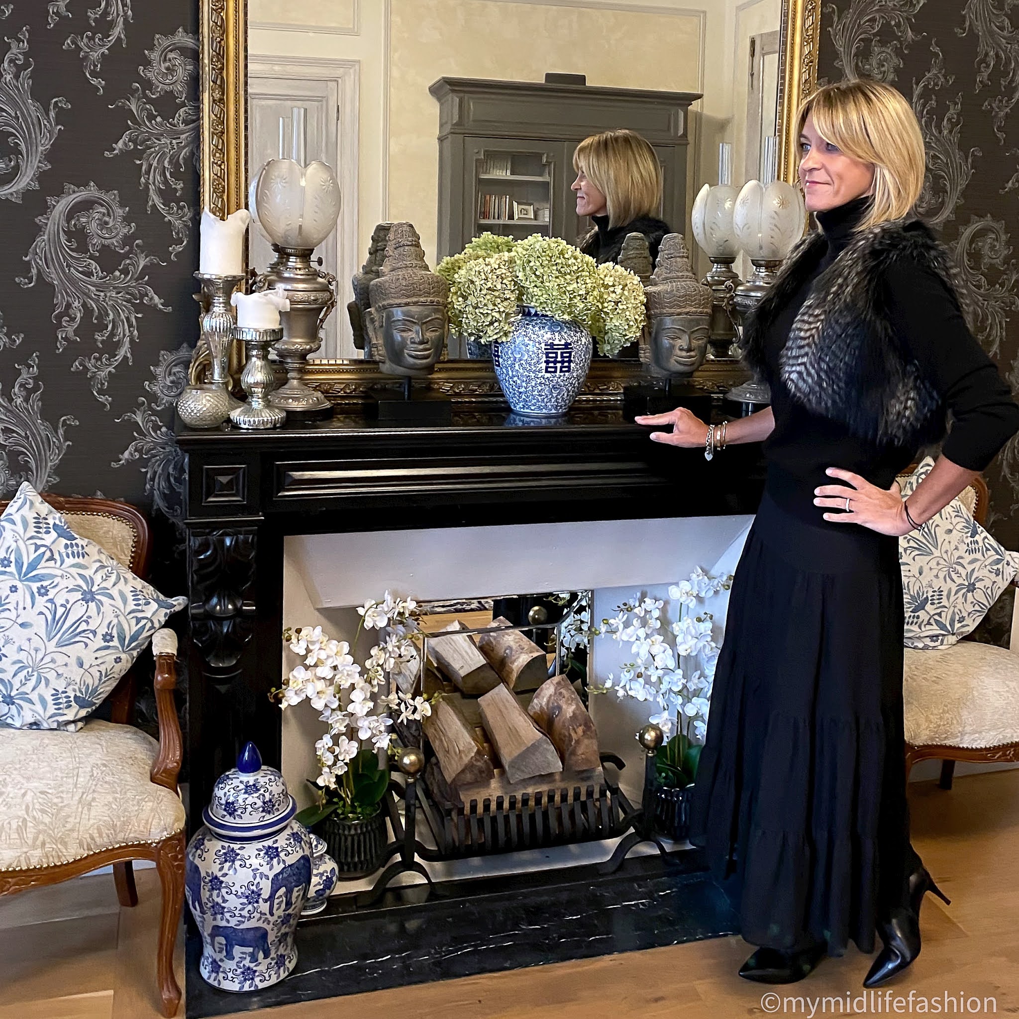 my midlife fashion, Helen Moore shrug in black quail, marks and Spencer pure cashmere roll neck jumper, marks and Spencer tiered maxi skirt, sole bliss ankle boots