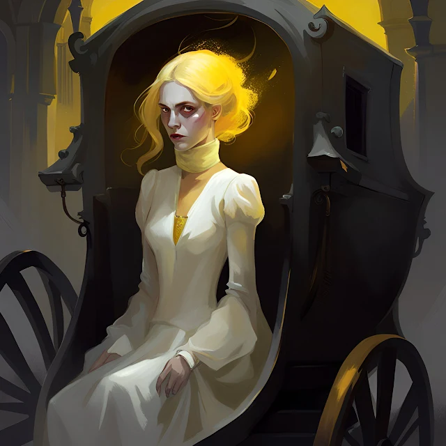 o fantasma de uma mulher inglesa pálida de vestido branco em uma carruagem gótica amarela espreita de forma sinistra