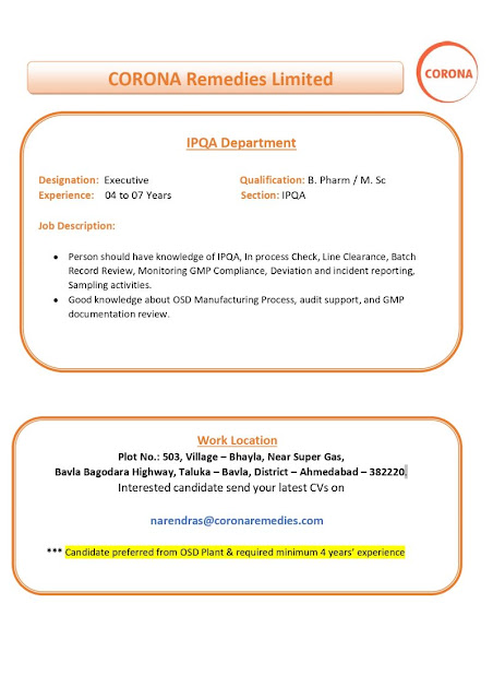 Corona Remedies Hiring For IPQA Department.