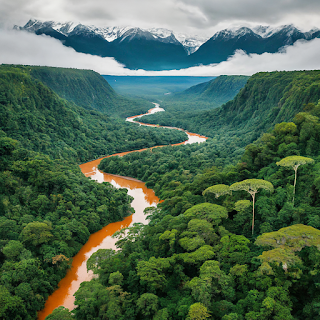 Lush rainforest with a winding river and snow-capped mountains in the background, a scene commonly found in the Democratic Republic of the Congo.