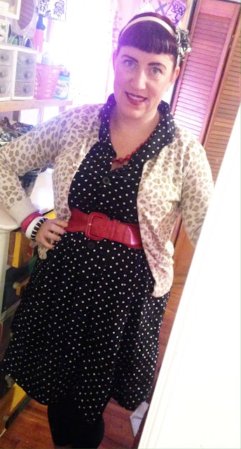 Plus Size Pin Up Outfit for Work with Leopard Print Cardigan and Polka Dot Dress and Red Accessories Mixed Print Outfit