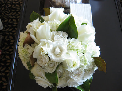  arrangement of white hydrangea, anastasia roses, majolica spray roses 