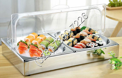 Khay inox trưng bày thức ăn buffet chữ nhật 2 ngăn trưng bày thức ăn lạnh có nắp pc