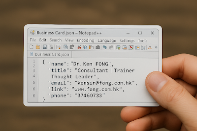 AI business card, JSON card design, YAML name card, Notepad++ style card, VS Code card design, GPT image prompt, tech-themed name cards, developer business cards, personal branding, creative AI tools, Dr. Ken FONG