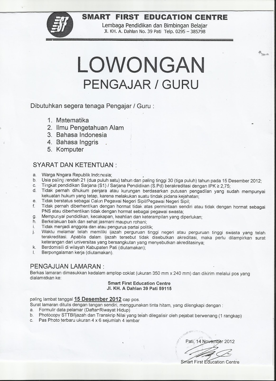 Surat Pemberitahuan Lowongan Pekerjaan  IMAGESEE