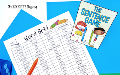 The Sentence Game,   Kids love playing this challenging sentence writing game.  Great way to practice grammar, capitalization, punctuation, and spelling.