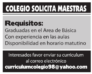 #Empleo Colegio Solicita Maestras Envía tu CV