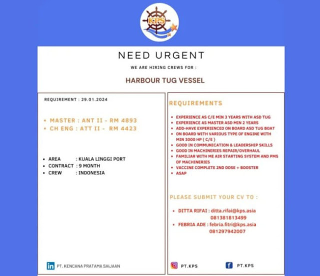 Urgent Need Crew Master, Chief Engineer, 2nd Officer Februari 2024