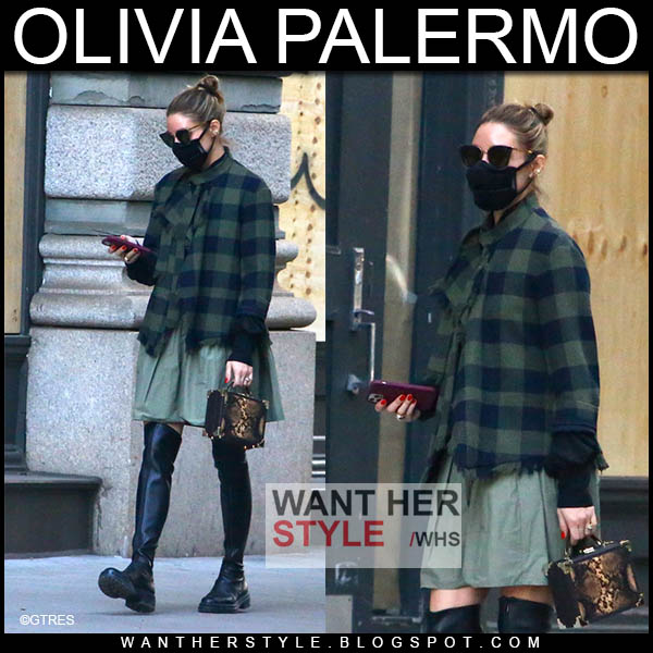 Olivia Palermo in green plaid jacket, black boots and cat-eye sunglasses
