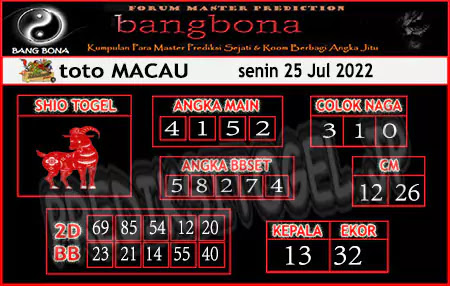 Prediksi Bangbona Toto Macau Senin 25 Juli 2022