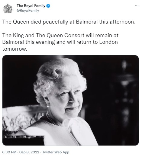 The Royal Family on Twitter announcement with text and image of the Queen smiling