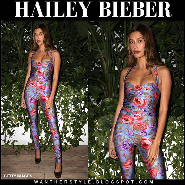 Hailey Bieber in blue floral jumpsuit