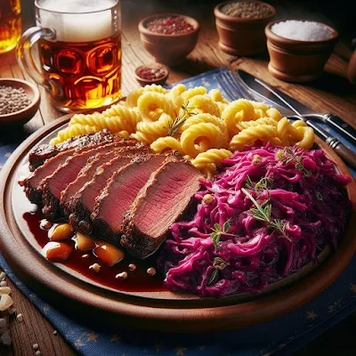 Auf dem Bild ist ein großer Teller mit aufgeschnittenen Sauerbraten und eine Portion Apfelrotkohl sowie Spätzle mit reichlich brauner Sauce zu sehen. Neben Teller liegt eine aufgeschnittene Zitrone, eine Knoblauchknolle, ein Glas Weizen, kleine Gewürzschalen mit buntem Pfeffer, ein roter Dip, gekörntes Salz und frischer Rosmarin.