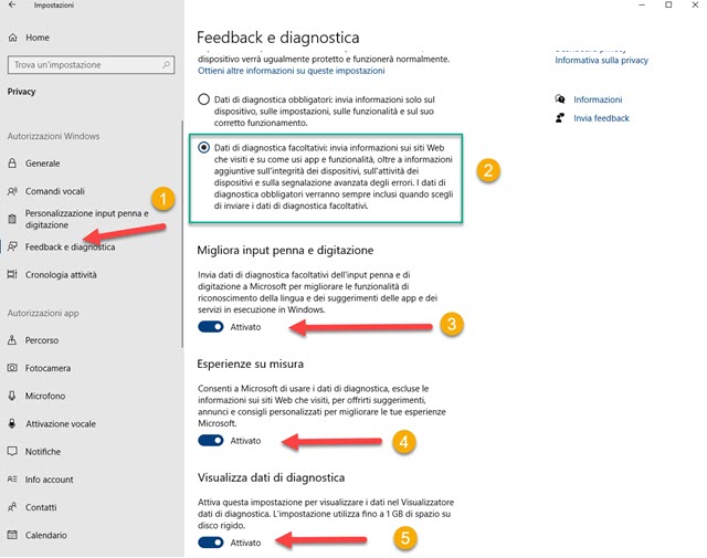 feedback e diagnostica in windows 10