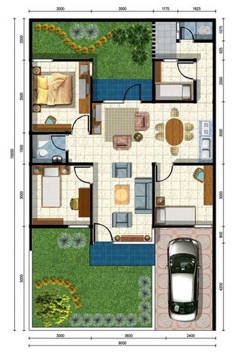  Denah  rumah  minimalis ukuran 9x15 meter 4  kamar  tidur 1 