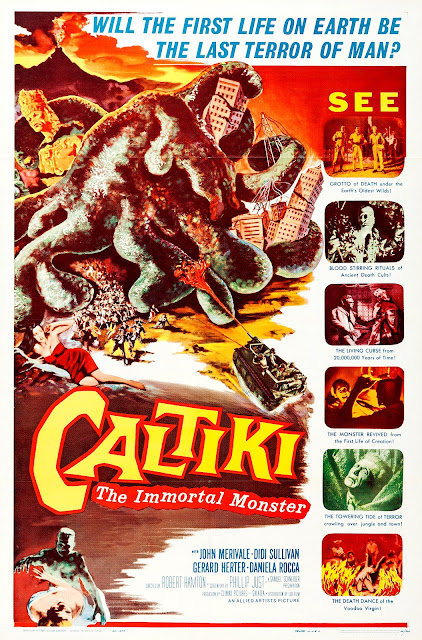 CALTIKI THE IMMORTAL MONSTER. Estados Unidos. Cartel: 69 x 104 cms. CALTIKI, EL MONSTRUO INMORTAL. Caltiki, il mostro immortale. 1959. Italia, Estados Unidos. Dirección: Riccardo Freda (como Robert Hamton), Mario Bava (sin acreditar). Reparto: John Merivale, Didi Perego, Gérard Herter, Daniela Rocca, Giacomo Rossi-Stuart, Daniele Vargas.