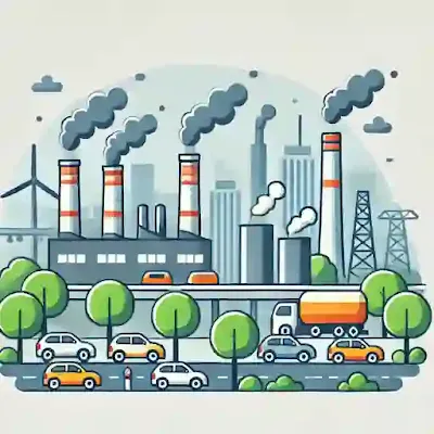 Una ilustración que representa los principales problemas de la contaminación del aire y sus efectos en la salud humana y el medio ambiente