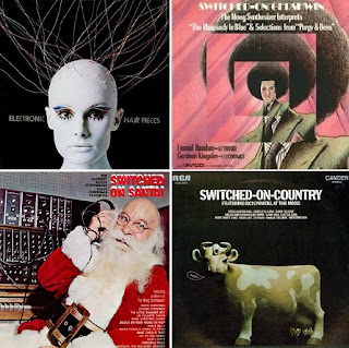 Portadas de varios Moog Albums, como Electronic Hair Pieces de Mort Garson, Switched-On Gershwin de Gershon Kingsley, Switched-On Country de Rick Powell y Switched-On Santa de Sy Mann