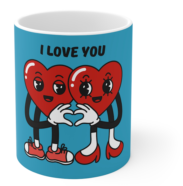 Valentine Ceramic Mug With I Love You Hearts and Blue Background