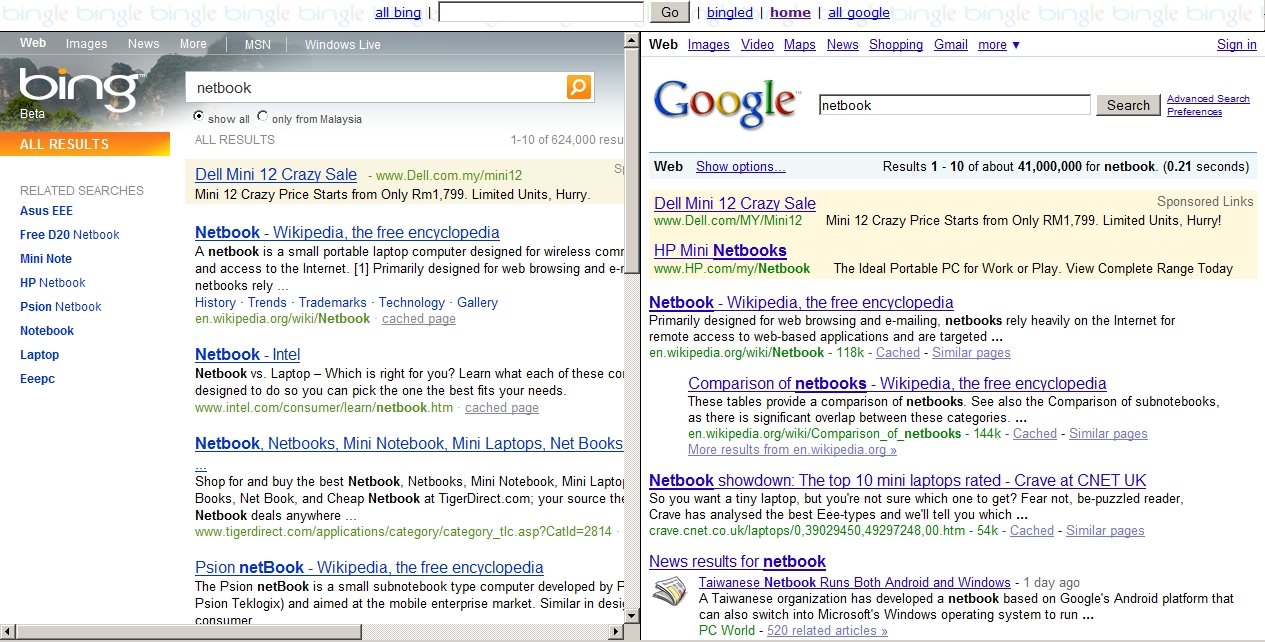 Bingle compares Google & Bing search results side by side