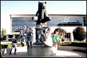 Wedding party jumping from bear