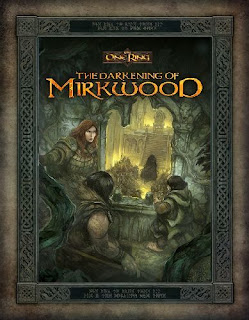 The cover of ‘The Darkening of Mirkwood’ for The One Ring. This is in the brown trade dress of the first edition game, with a celtic style decorative border around the picture in the centre. The picture shows three adventurers looking through a window in a building down on a dark figure (a Nazgûl?) walking up some steps with a horde of orcs or possibly men behind.