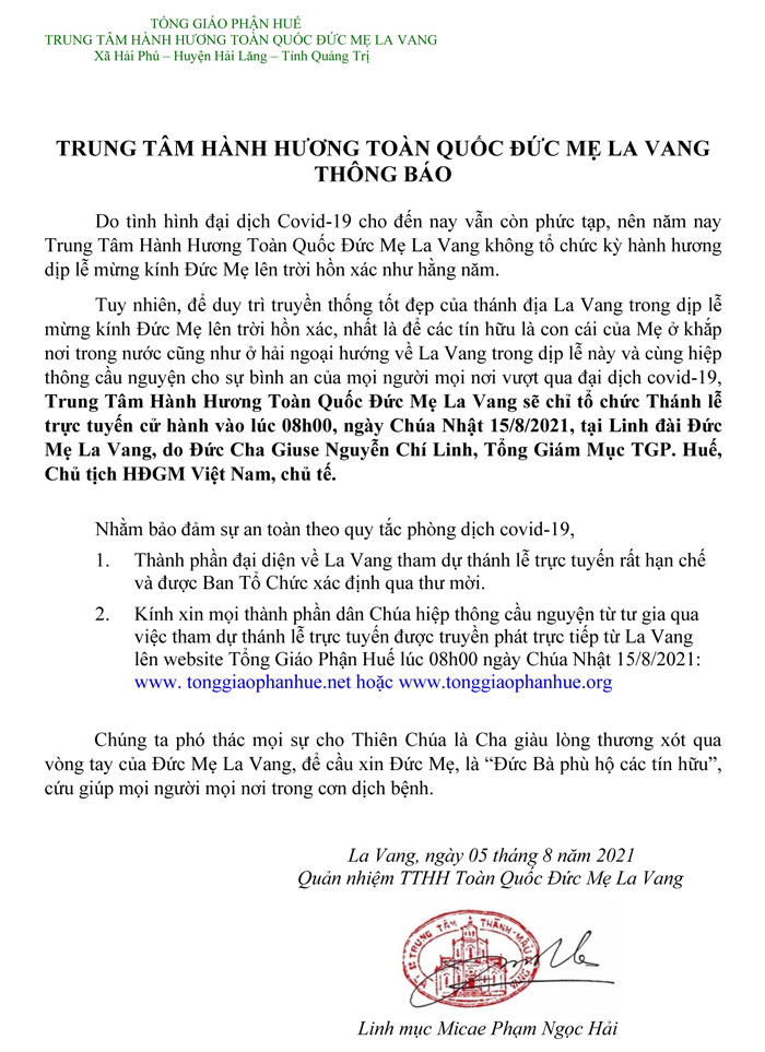 Thông báo về Thánh Lễ trực tuyến tại La Vang ngày 15.8.2021