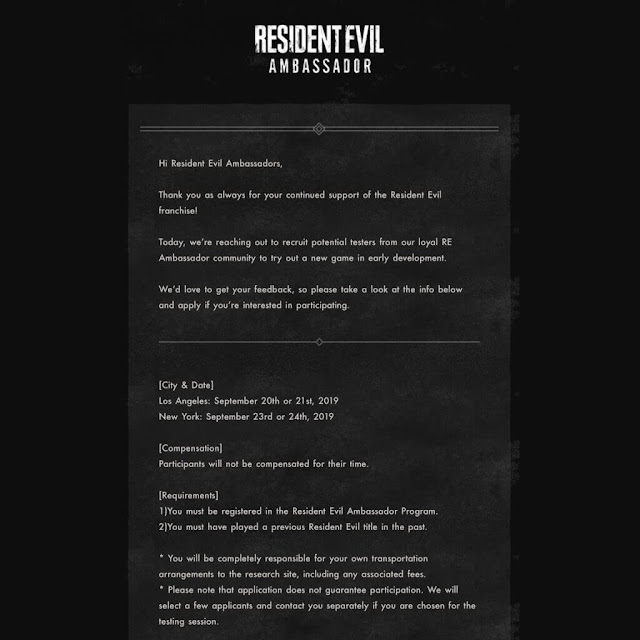 resident evil ambassador invitation email capcom u.s. tester new re game september 2019