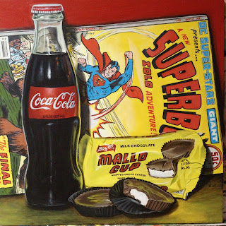 photorealistic painting of a coca cola bottle and superboy comic book with mallo cup candy by artist kim testone